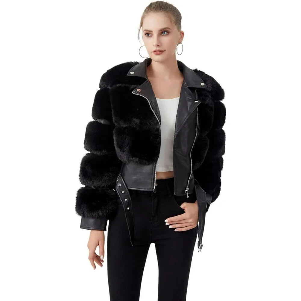 Women's Moto Style Cropped Faux Fur Leather Belted Biker Coat Zip Up Coffee - Picture 6 of 9